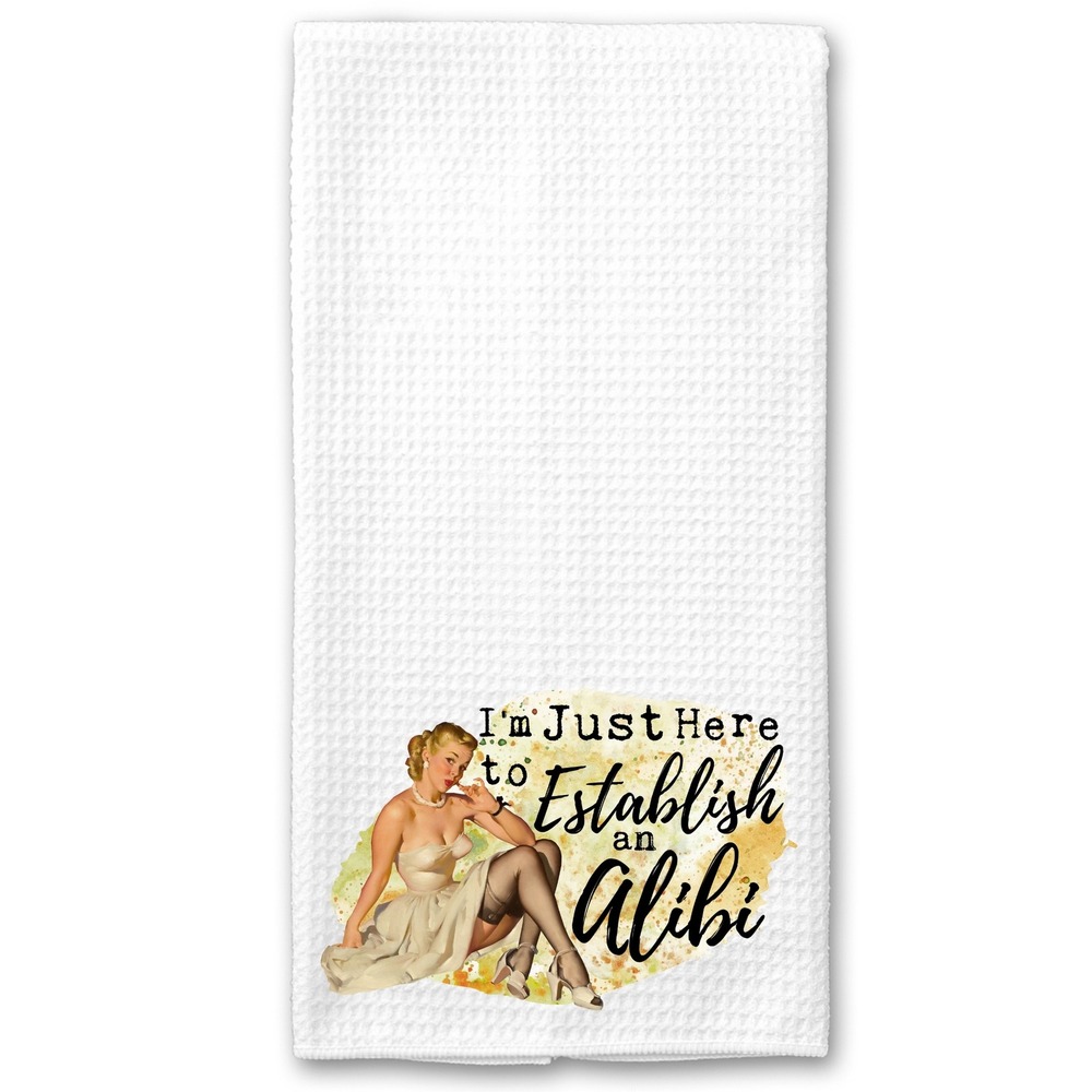 Vintage Pin Up Alibi Waffle Weave Kitchen Towel White Retro Hand Towel 16x24